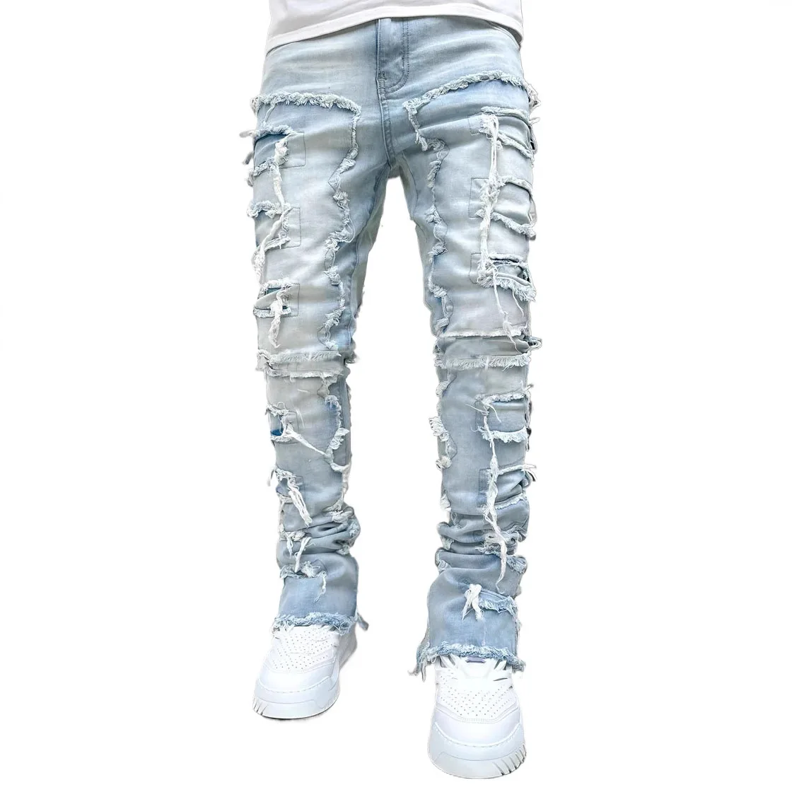 

Fashionable Straight Leg Men's Jeans Elastic Tassel Detail mid Waist Zipper Closure Casual Loose Fit Denim Pants for Teens