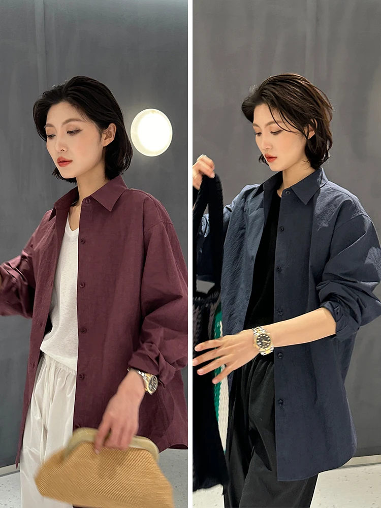 

Женская рубашка Ele Plum Purple с длинным рукавом в японском стиле, винтажная, повседневная, из смесового льна и хлопка