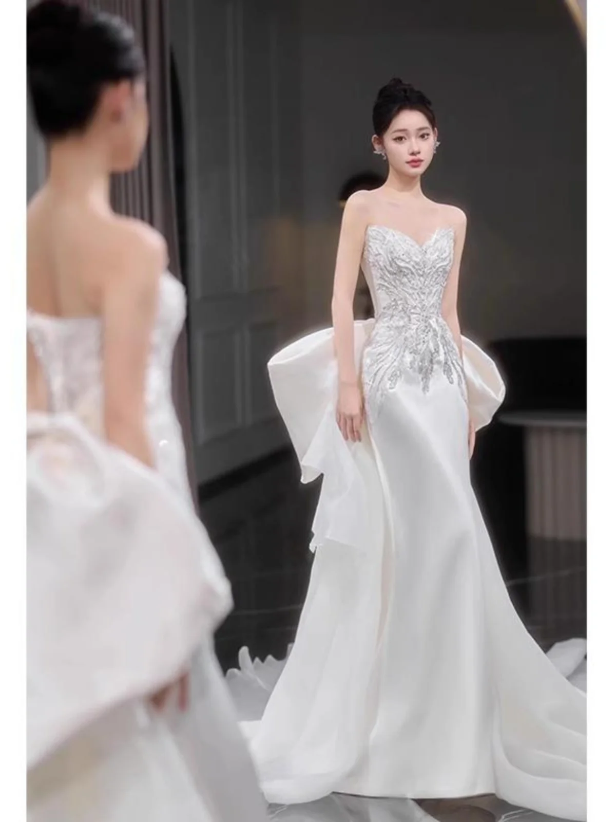 

Silk Satin Fi Tail Wedding Dr Slimming Outfit with Small Train Korean Sle Bridesmaid Dr Long Skirt One oulder