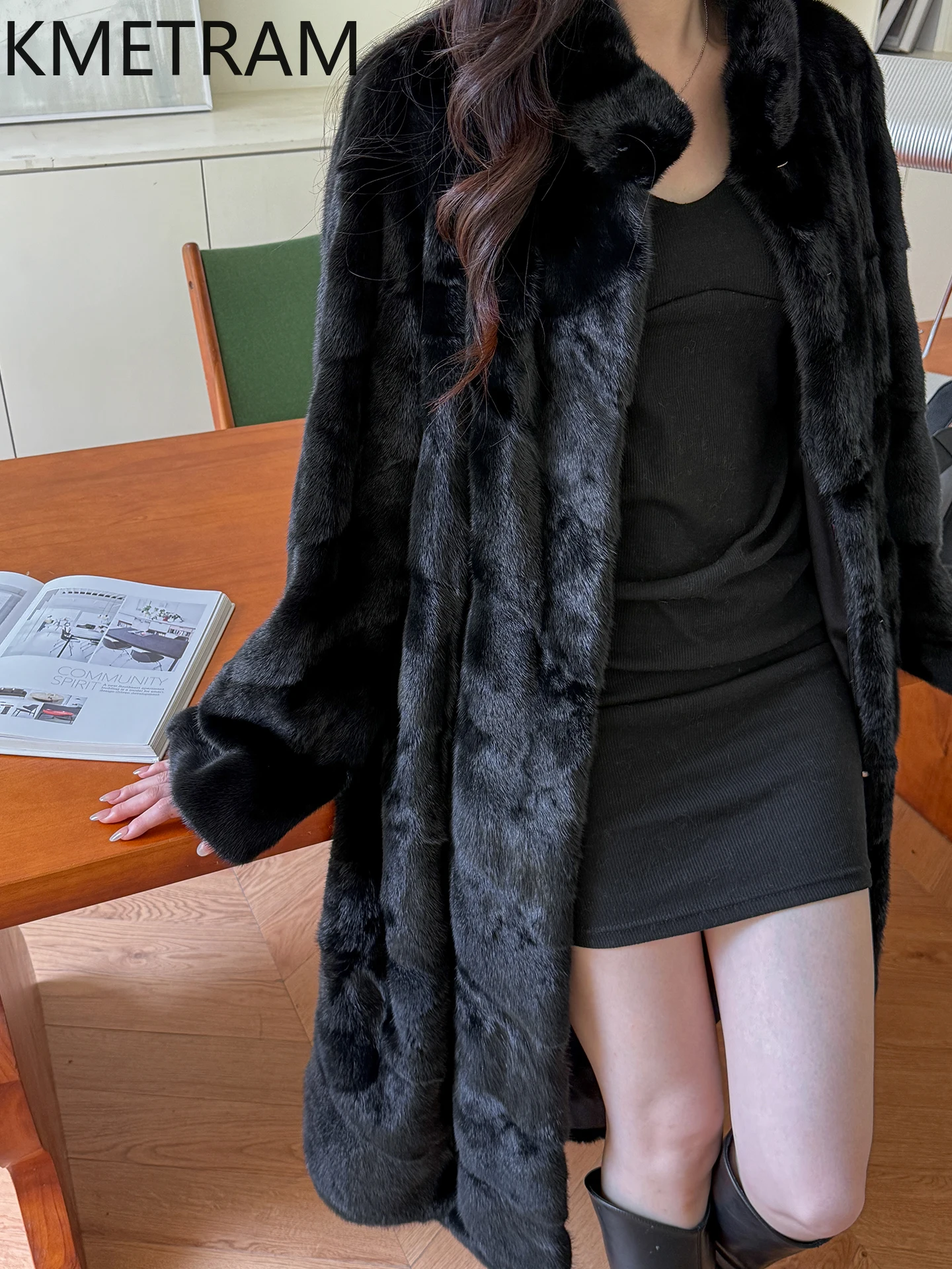 KMETRAM 100% معاطف فرو المنك الكاملة المخملية الطبيعية ملابس نسائية طويلة معطف فرو حقيقي للشتاء الأسود 2025 ملابس خارجية جديدة أربعة
