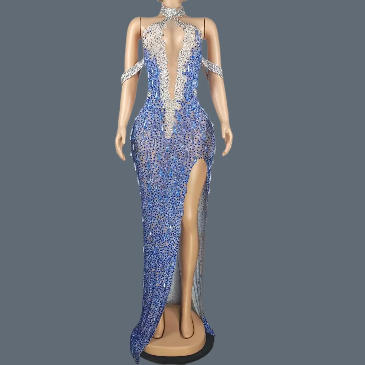 

Sparkling Blue Silver Rhinestone Mini Dress Sheer Mesh Bodycon Outfit Bar Women Cocktail Party Club Stage Costume Haiyangzhixing