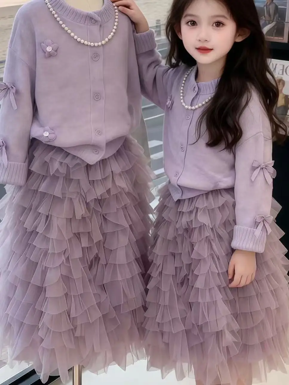Spring Autumn Knitted Cardigan Sweet Floral Mesh Skirt Two Piece Set for Girls Breathable Comfortable Online Exclusive