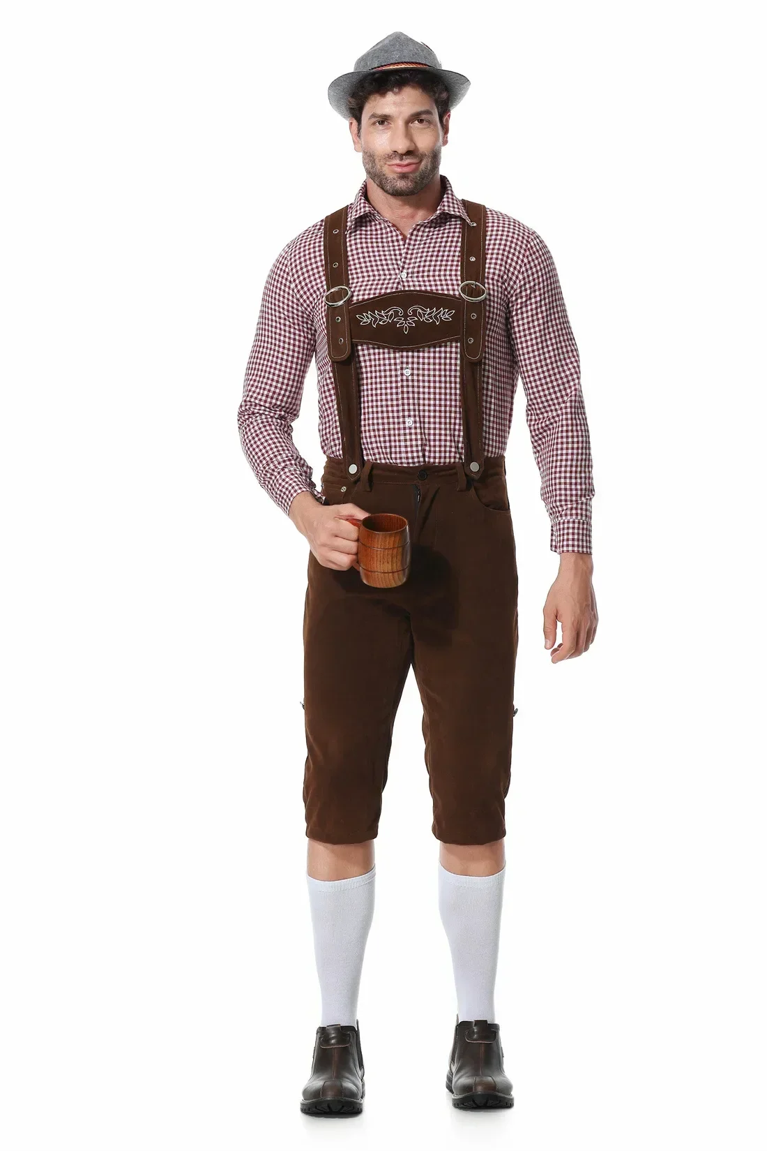 M-XXL Uomo Bavarese Oktoberfest Lederhosen Costume per Cosplay Festival della birra tedesca Bretelle Pagliaccetti Camicia Cappello Set Outfit