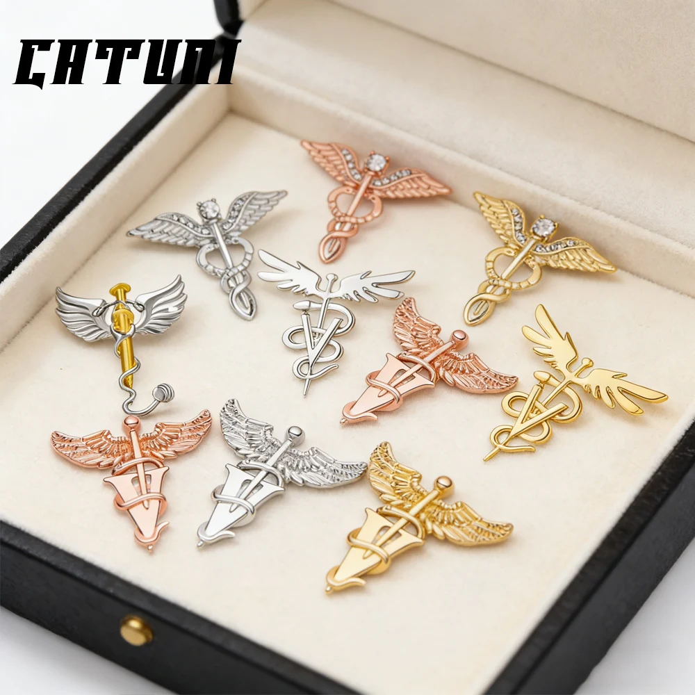 Catuni Angel Wings Serpent Staff Potion Badge Enamel Brooch Medical Collar Backpack Badge Jewelry Gift For Doctors And Nurses