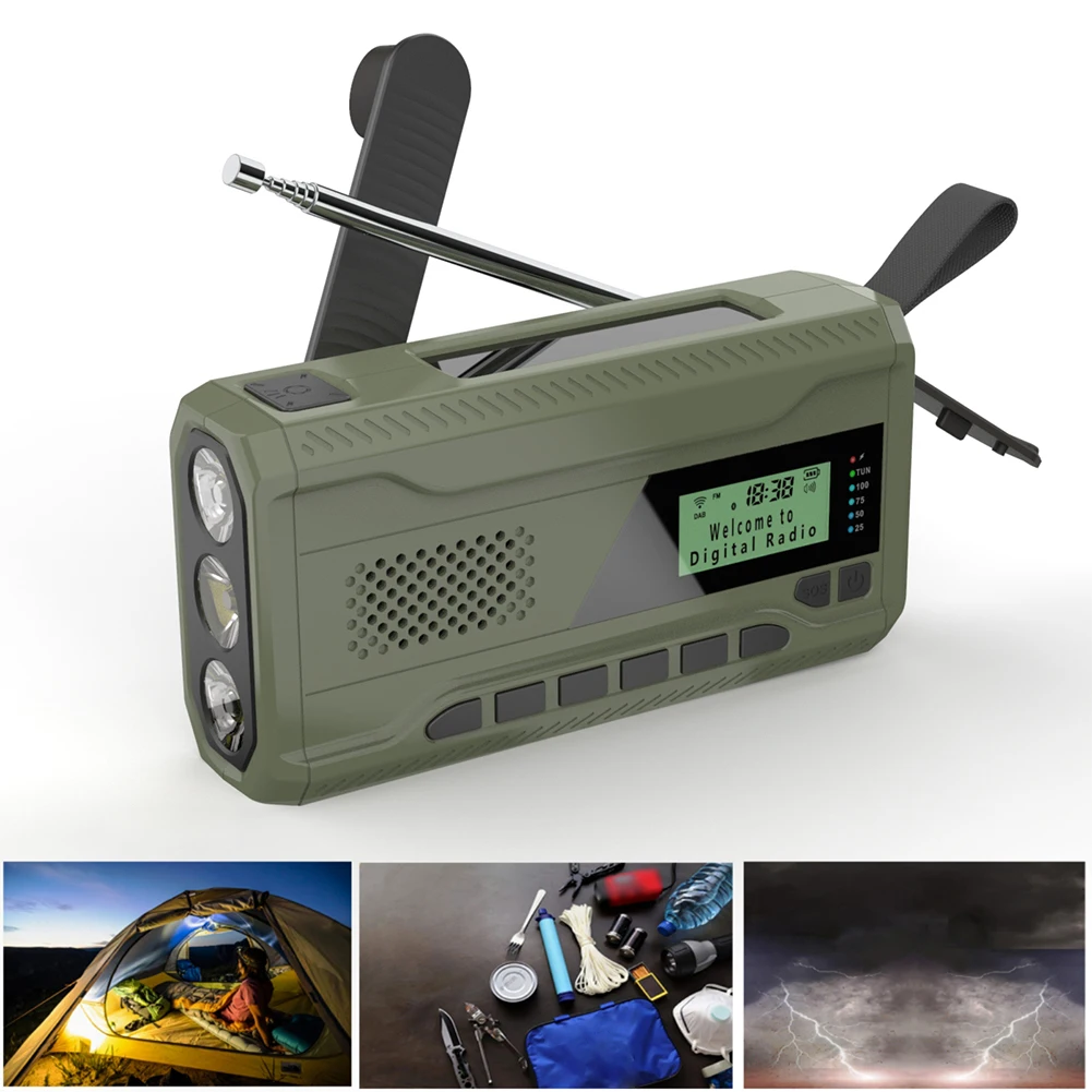 Portable DAB FM Radio with Flashlight BT Speaker Emergency Radio Rechargeable Hand Crank Radio for Outdoor Camping Emergency