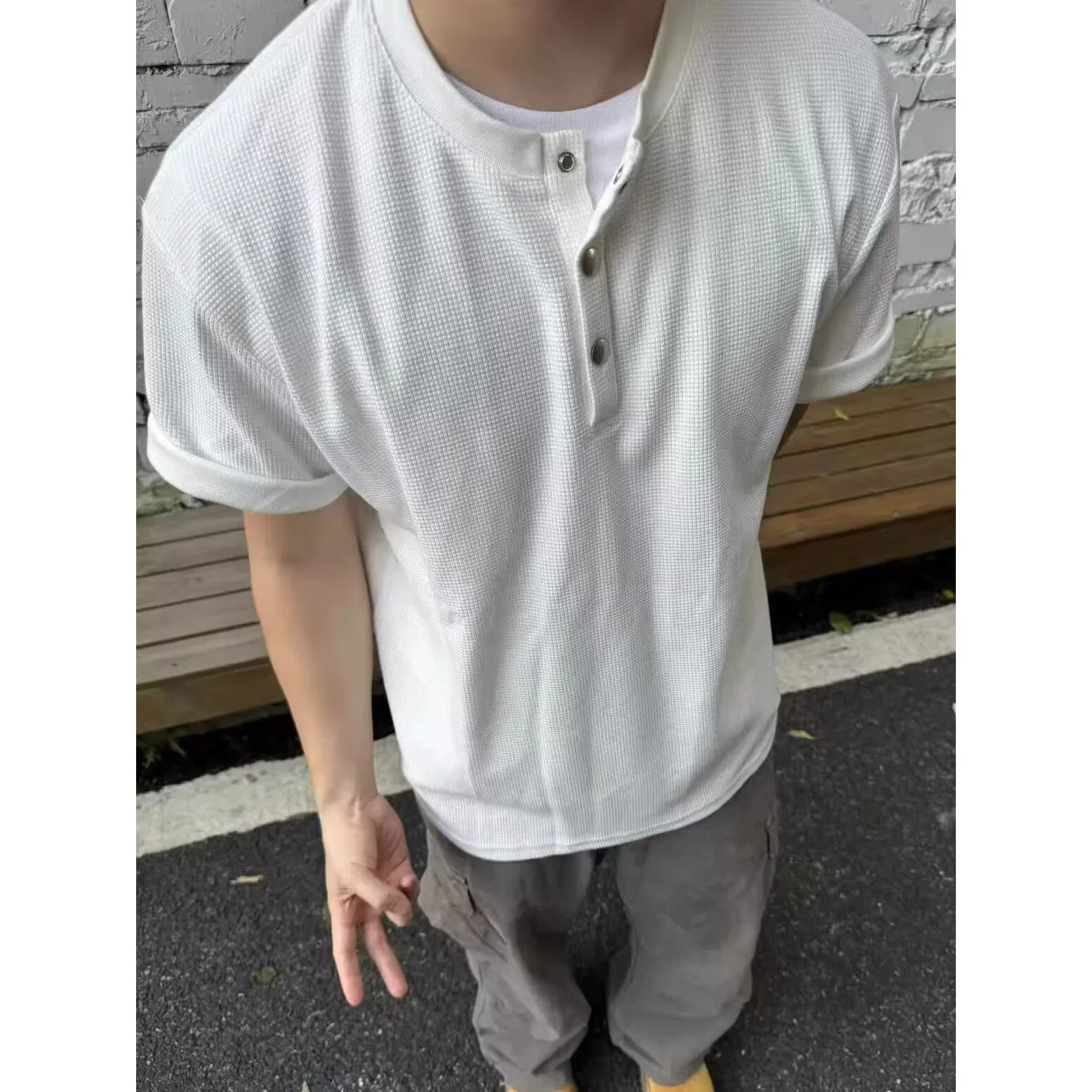 Summer Waffle Henley Ice Silk Breathable Premium Short Sleeve T-Shirt Men's Business Casual Streetwear Top
