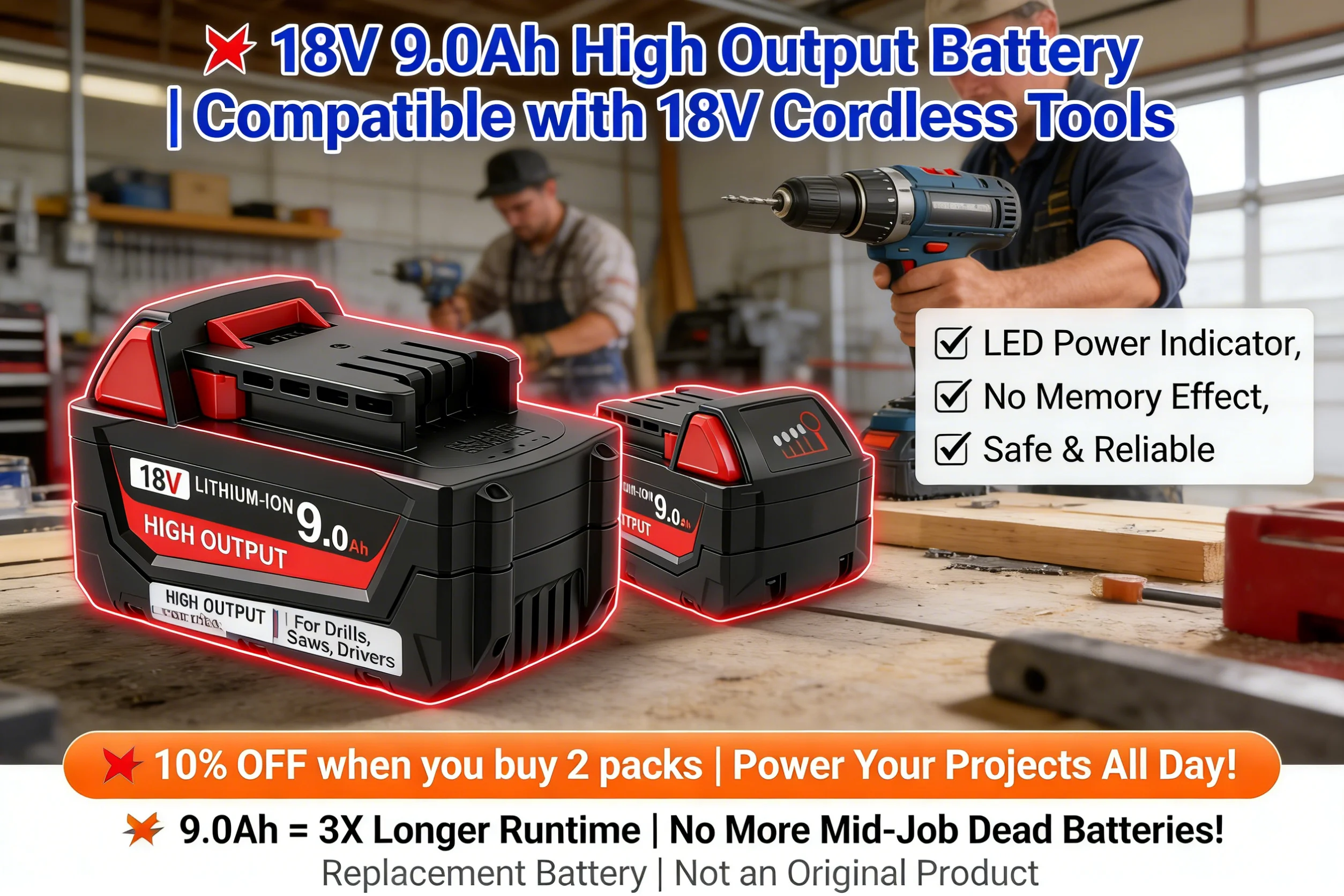 

2-Pack M18 9.0Ah Battery for Milwaukee 18V | 48-11-1890 48-11-1850 | US Warehouse