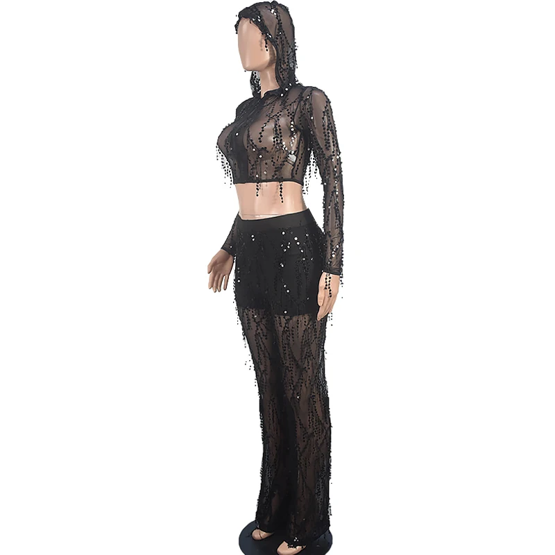 Prospettiva delle donne Fashion Party Vacation Beach Sexy maglia nera con scollo a v Nightclub paillettes pantaloni due pezzi Set estate Y2k Clubwear