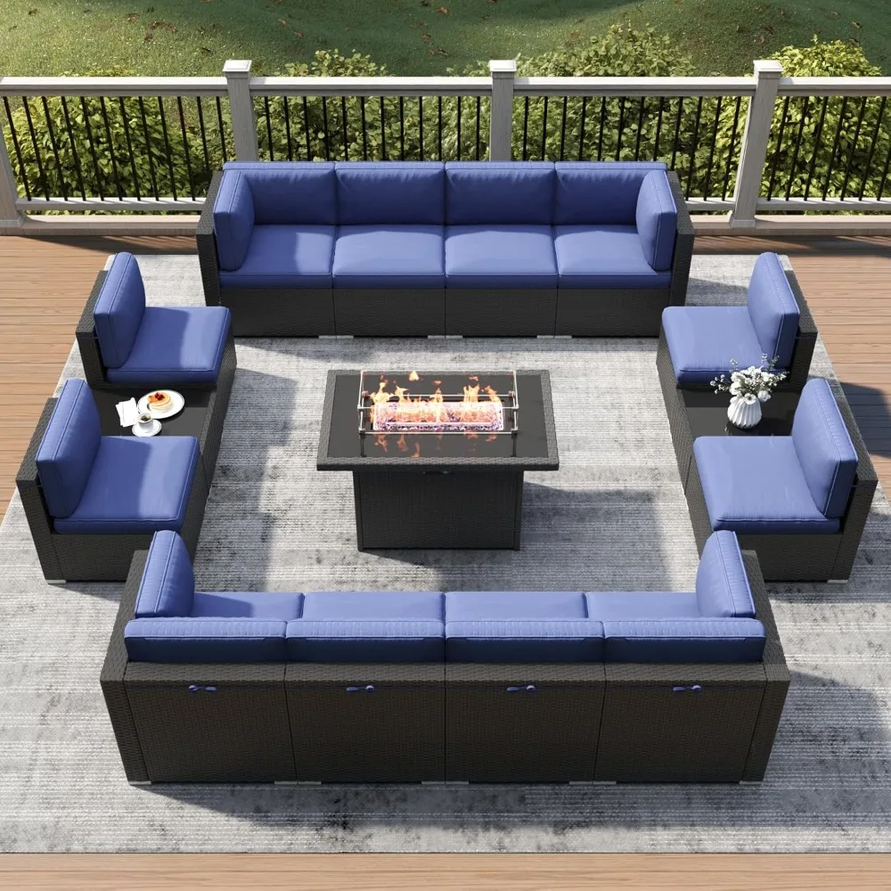 

15 Piece Patio Furniture Set with Fire Pit Table, Outdoor Conversation Sets Wicker Rattan Sectional Sofa with Coffee Table