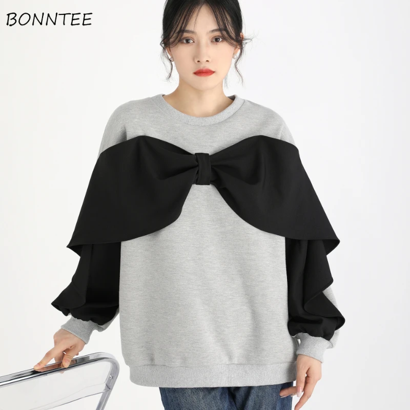 O-neck Sweatshirt Women Fake Two Piece Patchwork Bow Sweet Ruffles Korean-style Design Office Ladies All-match Loose Trendy Cozy