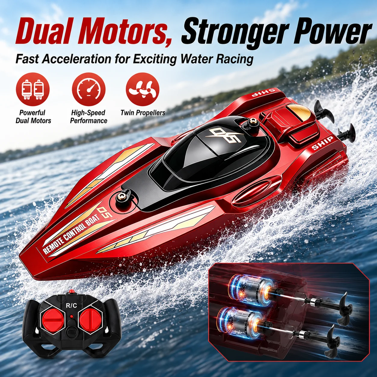 2.4GHz RC Speed Boat, Waterproof Remote Control Racing Boat, Dual Motor Water Toy for Pool Lake Kids Boys Adults Birthday Gift