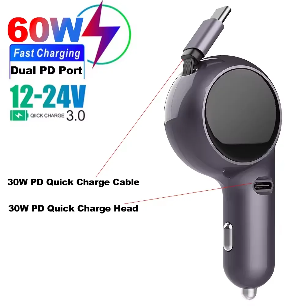 

Dual PD Car Charger 60W Type C Retractable Fast Charging Car Phone Adapter USB C Wire For iPhone Samsung Xiaomi Huawei Charger