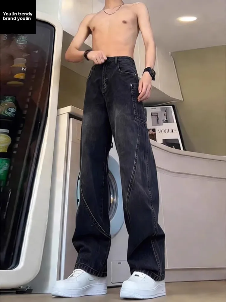 

Мужские джинсы Slim Fit с высокой талией и прямыми штанинами в американском стиле, повседневные рабочие брюки, черные, серые, с дизайном «нож»