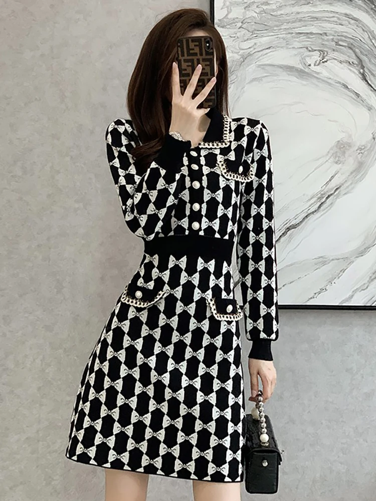 2023 New Medium and Long Style High-class Temperament Lady Dress Small Fragrance Light Luxury Knitting Dress Lady Autumn