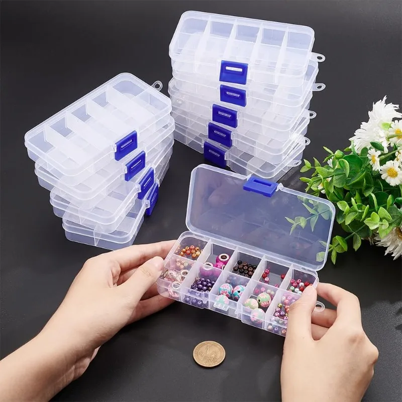 10 Pcs 10 Grids Plastic Organizer Box Clear Plastic Jewelry Dividers Box Organizer Mini Tackle Boxes for Beads Small Items