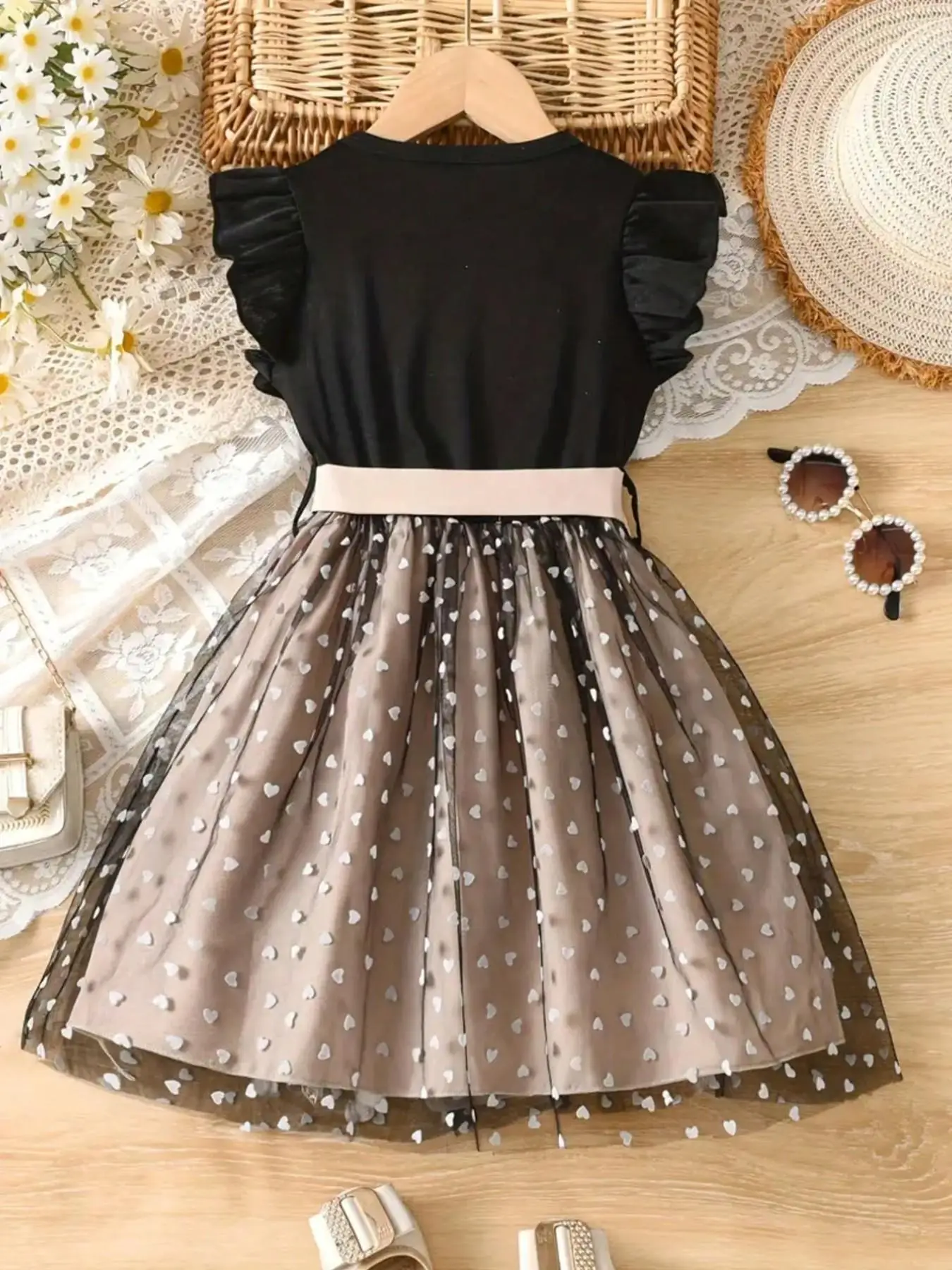 Casual and Elegant Summer Short-Sleeved Ruffled Heart-Shaped Mesh Belt with Bow Tie Waist Belt Princess Skirt Children's Dress