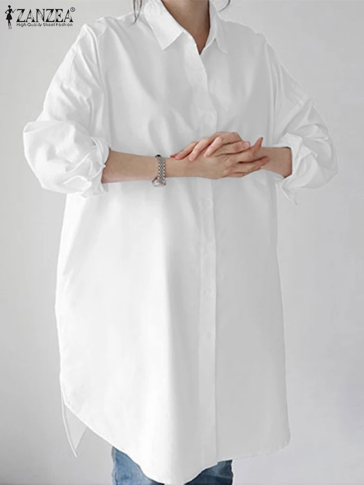 Spring Elegant Long Flare Sleeve Blouse ZANZEA Stylish Women Buttons Down Long Shirt Loose Tunic Tops Casual Solid Blusas 7