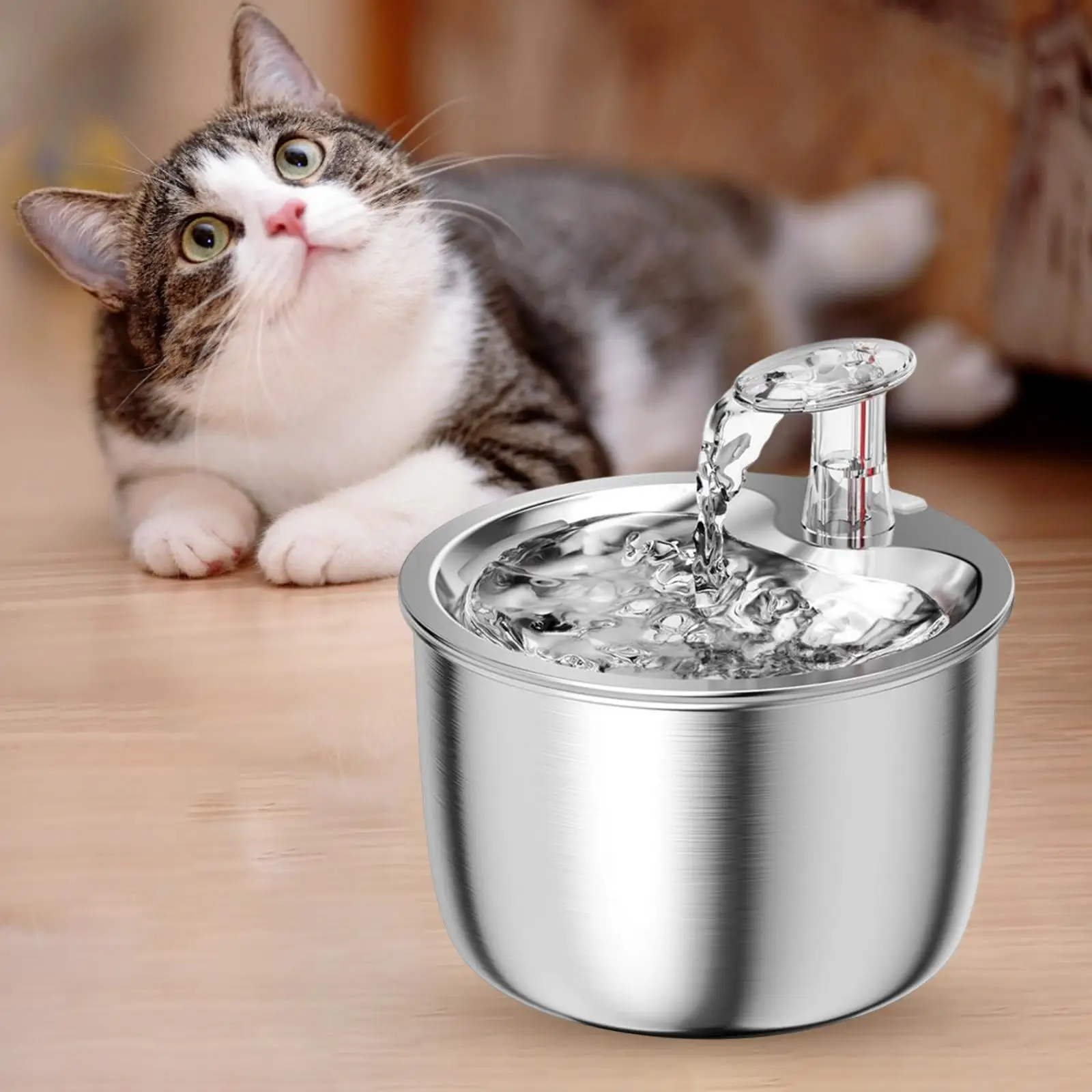 Fuente de agua para gatos, filtración automática con contenedor de boya de nivel de agua, alimentador de acero inoxidable 304, adaptador estadounidense para conejos y gatos