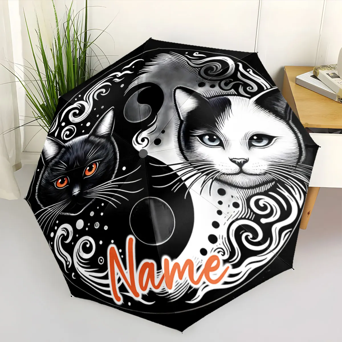 Custom Name Artistic Cat Design on Umbrella Featuring Yin Yang Print 8 Iron Ribs Folding Umbrella Auto-Open Fashion Sunshade