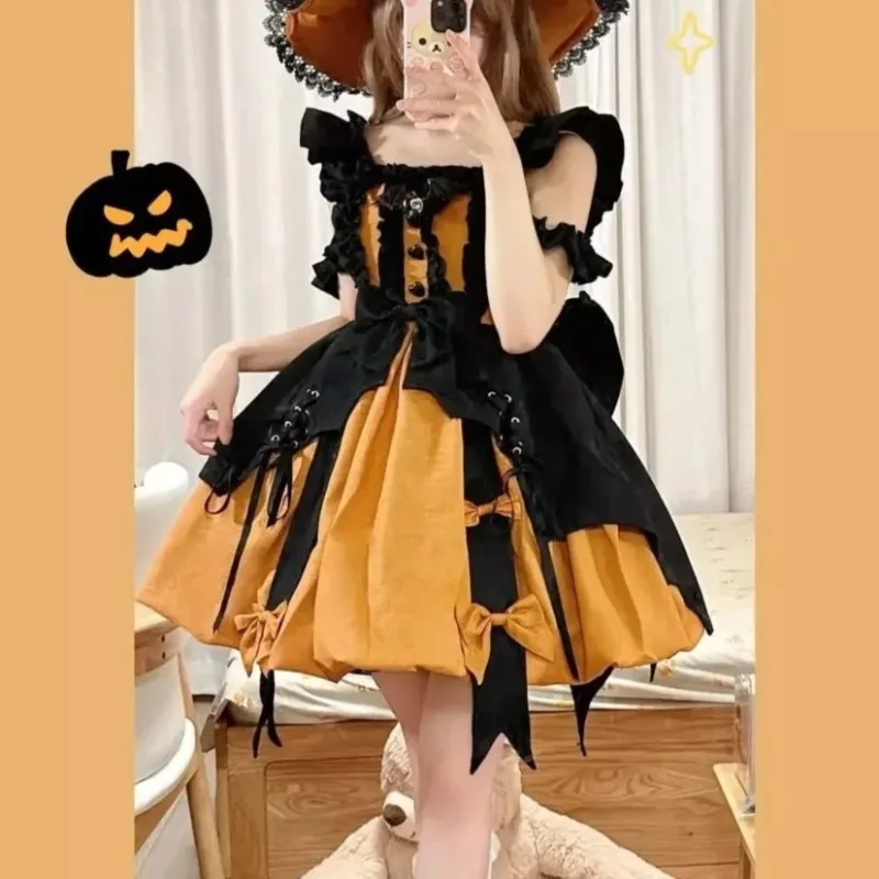 

2025 Summer Autumn Sweet and Cute Girl Lolita Pumpkin Witch Dresses Women New Halloween High Waist Kawaii Elegant Party Dresses