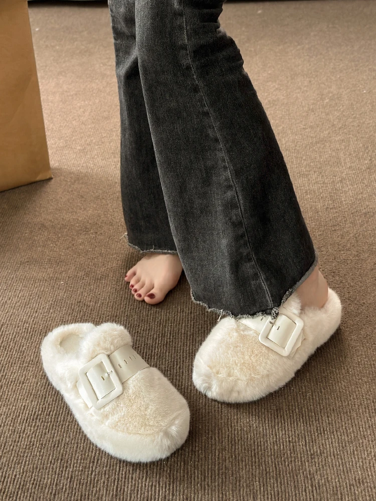 Slippers Casual Flock Med Shoes Platform Fur Flip Flops Cover Toe Slipers Women Slides Luxury Plush Flat 2024 Rubber  with fur F