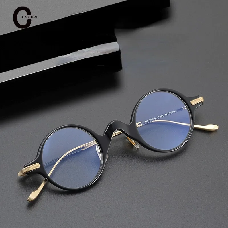 

High Quality Ultra Light Pure Titanium Acetate Frame Male Retro Literary Myopia Glasses Small Round Frame Female Optical Glasses