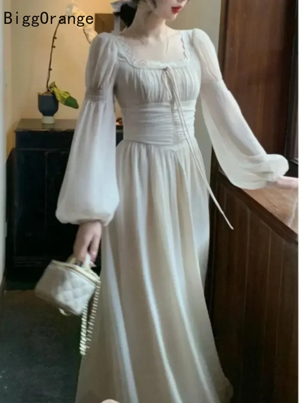 

2025 spring and summer new dress French chiffon long sleeve long skirt temperament square collar fairy skirt women's pure color