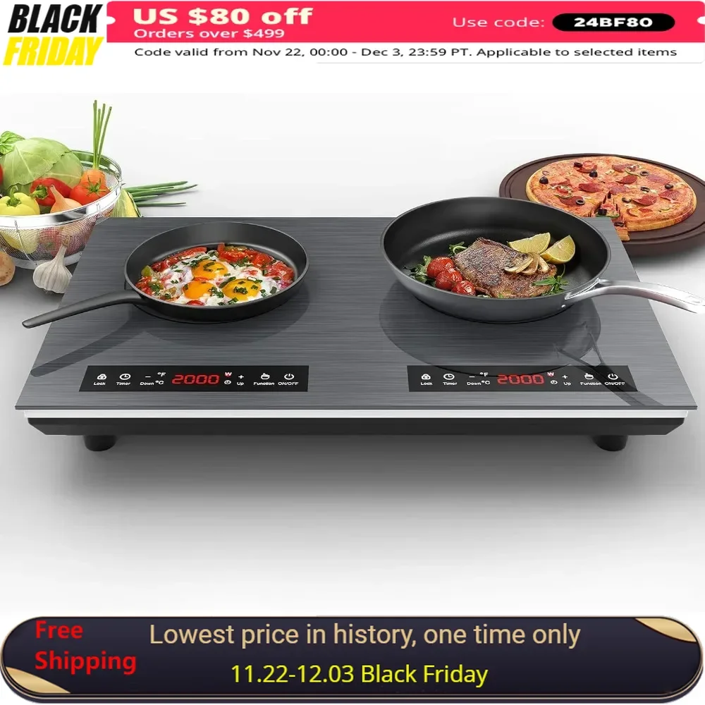 24 Inch Double Induction Cooktop, LED Touch Screen, 9 Levels Settings, Child Safety Lock & Timer, Induction Cooktop