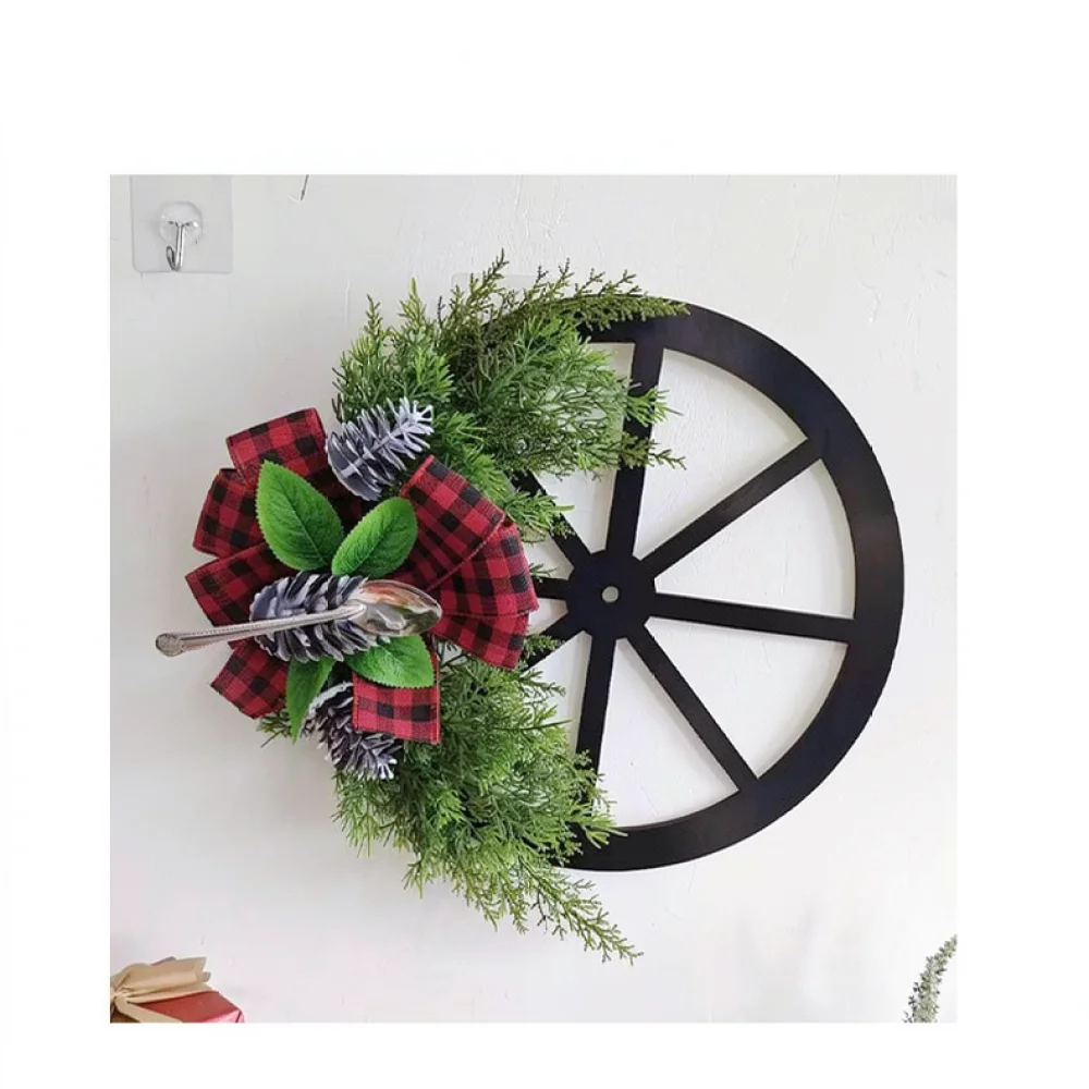 Seasonal Christmas Wreath Wheel Design Pinecone Spoon Accents Plaid Bowknot Holiday Wall Door Hanging Ornament