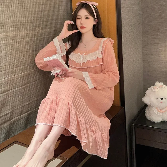 5XL Plus Size Autumn Spring Cotton Nightdress Female Lace Sweet Long Sleeve Pajamas Loose Loungewear Princess Style Home Clothes