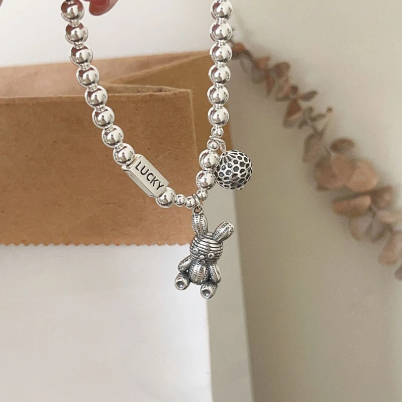 925 Sterling Silver Vintage Cute Wool Rabbit Lucky Beaded Bracelet Korean Version Fashionable Exquisite Jewelry Gift for Women