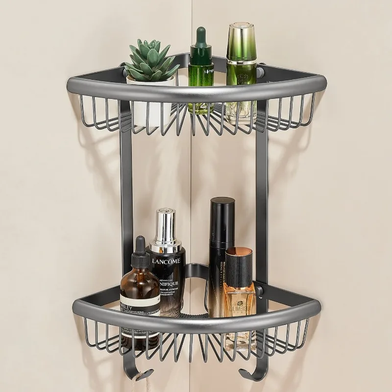 

‌Brushed Gunmetal Solid Brass Corner Shelf - Double Layer Wall Organizer with Hooks for Bathroom, Shower & Vanity Storage