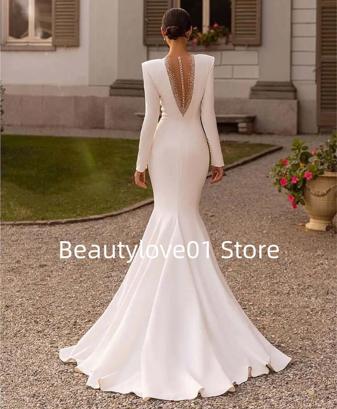 Mermaid Wedding Dress Beaded ItalianNoodleStrapOpenBack Zipper Bridal Dress Fashion Long Sleeve Prom Special Dress Customization