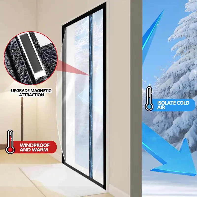 Transparent windproof and cold proof air conditioning partition door curtain in winter, magnetic suction non perforated curtain