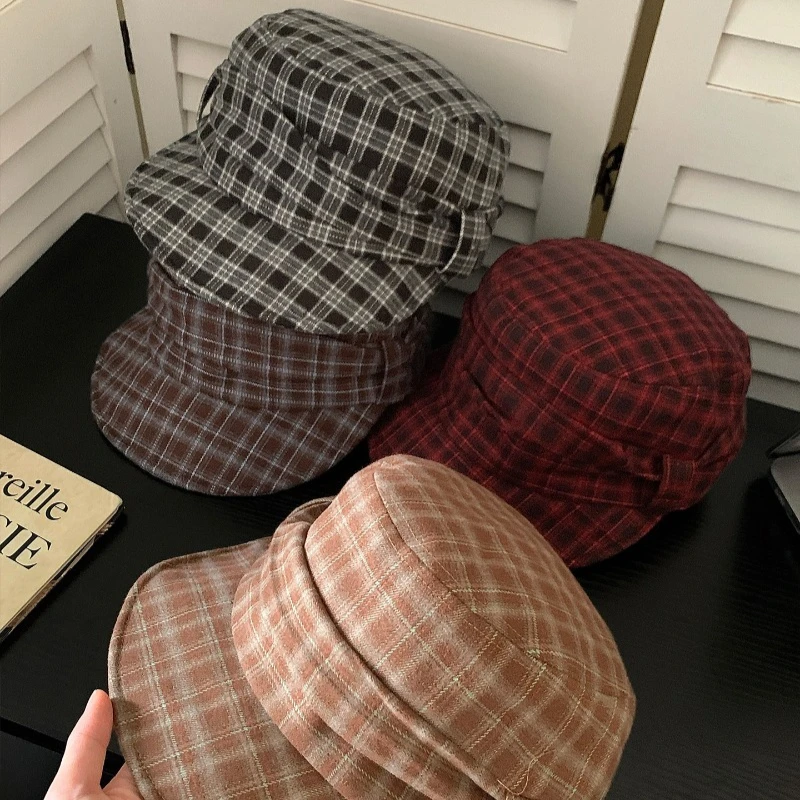 Neue Frühlings- und Herbst-Retro-Karo-Plissee-Baskenmütze, Literarisch und Vielseitig, Große Ausführung, Weiche Krempe, Newsboy-Mütze für Damen – Detail 5