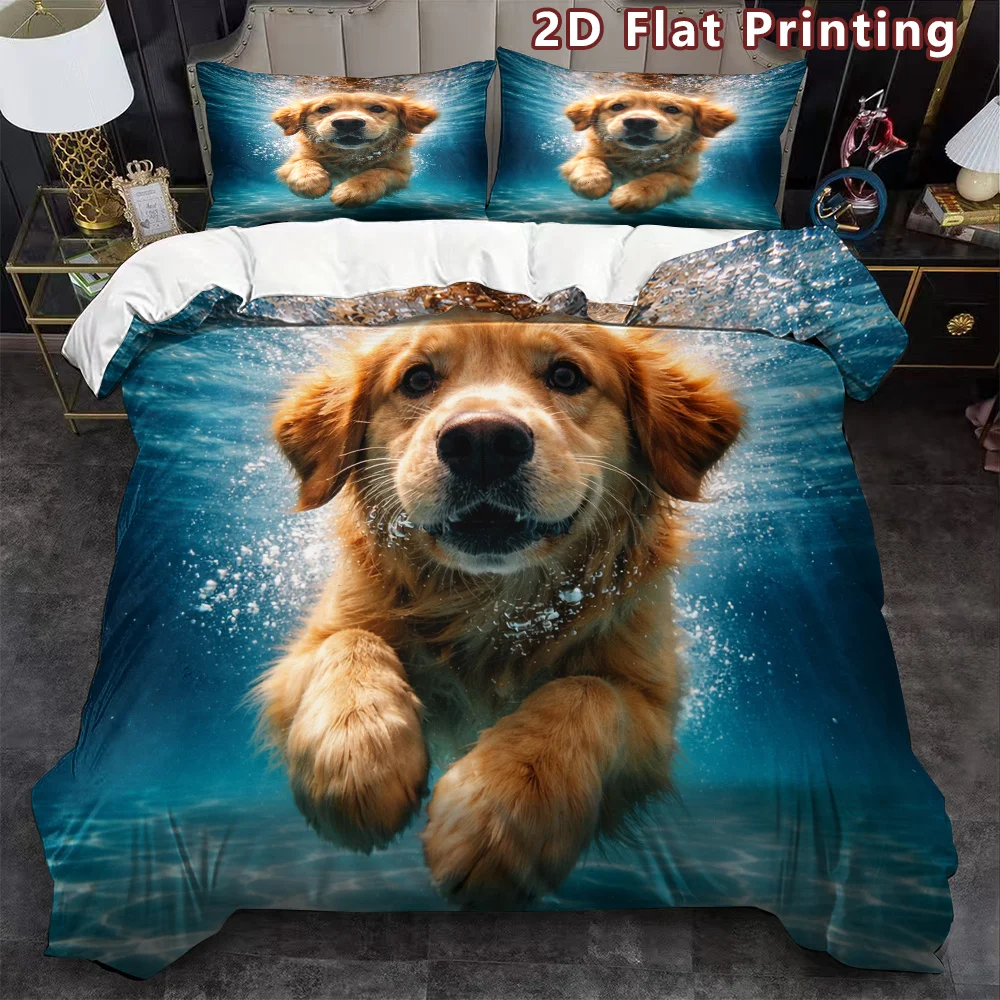 Kawaii Golden Retriever Duvet Cover Set, Cute Pet Puppy Dog Print Bedding Set for Girls Dog Lover Twin Full King Comforter Cover