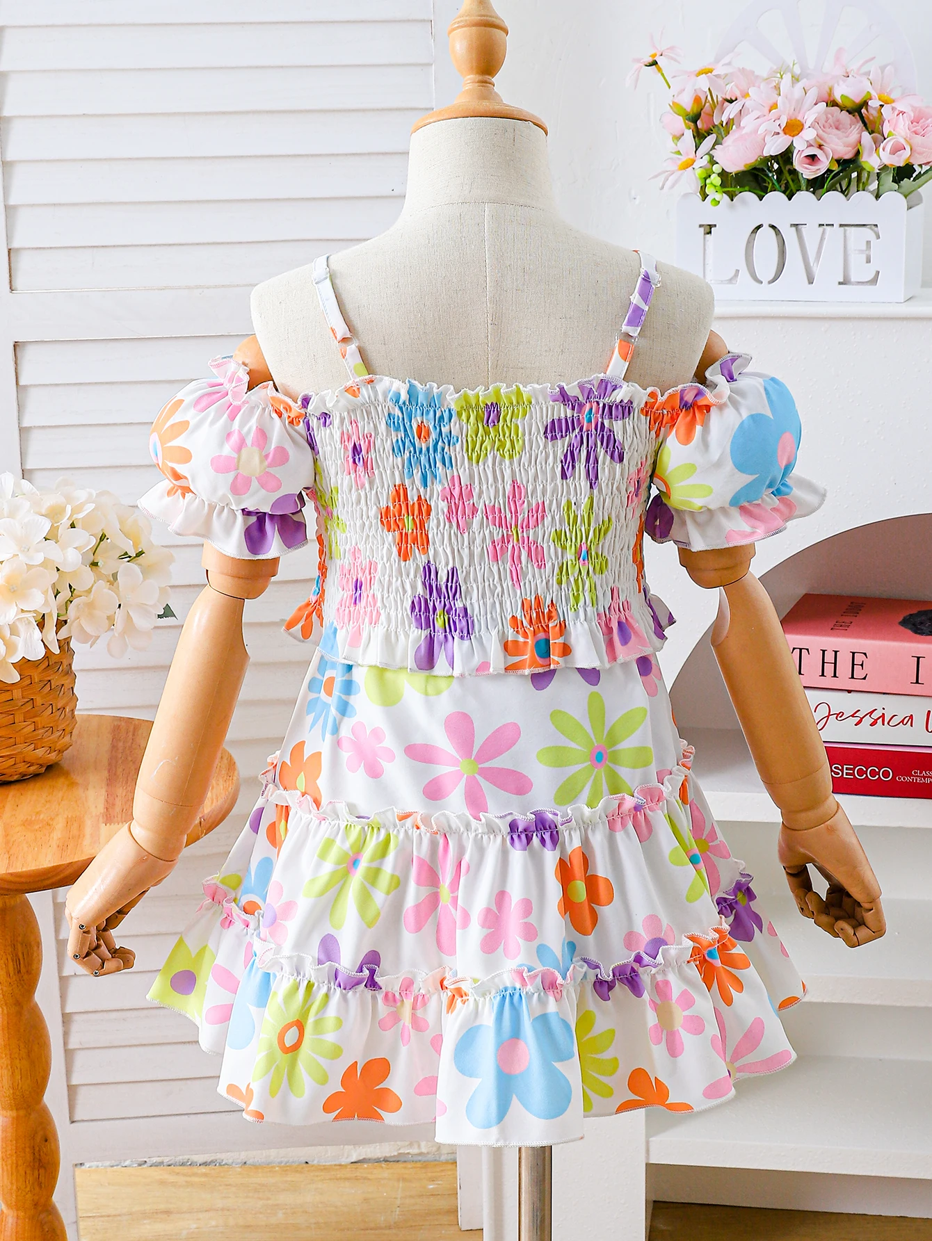 Girls Colorful Floral Print Off-Shoulder Cake Skirt Children's Casual Two-Piece Set Summer Refreshing