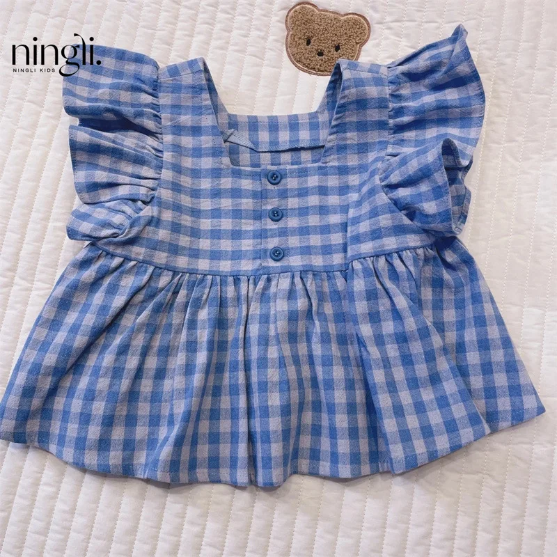 Girls' Cute Flying Sleeve Doll Shirt Children's Fashionable Plaid Shirt Summer French TopTT-shirt