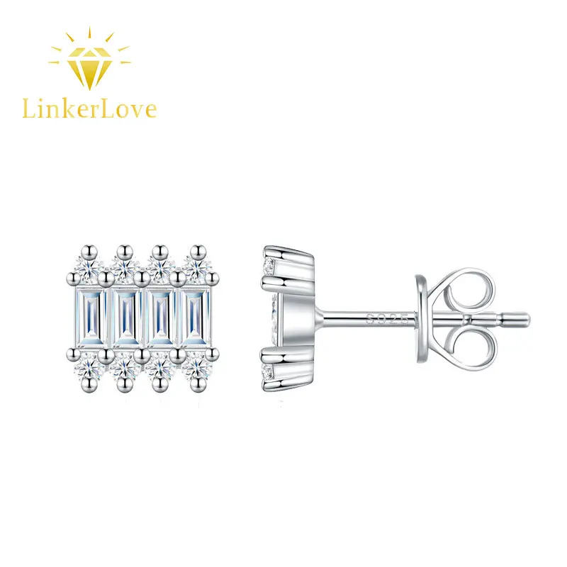 

LinkerLove S925 Sterling Silver Moissanite Stud Earrings Double Row Parallel Set Diamond Earrings for Women Fine Jewelry Gifts