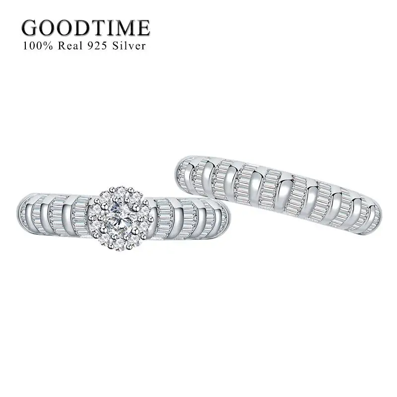 

Luxury Pure 100% 925 Sterling Silver Ring Set AAAAA Zircon Bamboo Snowflakes Engagement Ring Wedding Band For Woman Bridal