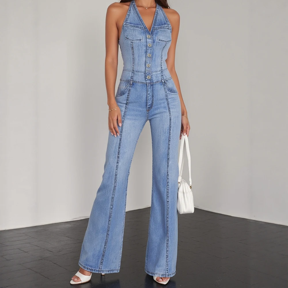 

Mia Muse Summer Autumn Jumpsuits 2025 Women's Chic Denim Button Sleeveless Halter Neck Full Length Wide Leg Jumpsuits