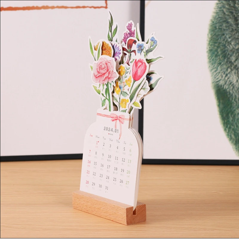 Calendário de mesa floral com flores floridas, decor de madeira, série bonita, criativo, 2024