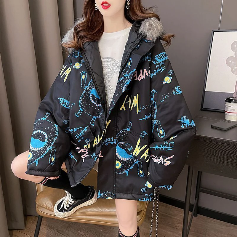 Winter Jacket Womens 2026 New Down Cotton Coat Female Cartoon Print Sleeves Parka Thicken Outerwear Tops