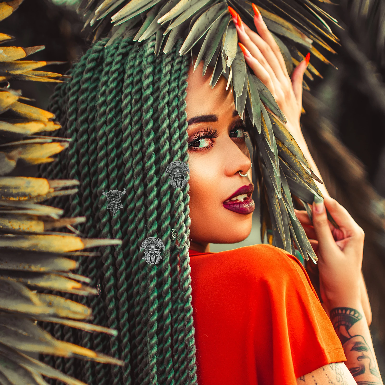 

10pcs Metal Skull Beads Retro Alloy Large Hole For Beard Braid Decor Diy Jewelry Making Supplies Hair Accessories Loose Decors