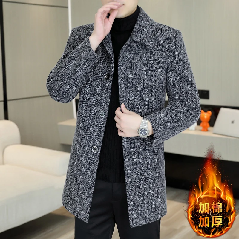 

Классические зимние мужские шерстяные пальто в полоску, повседневные приталенные теплые плащи средней длины в клетку, утепленные хлопковые ветровки