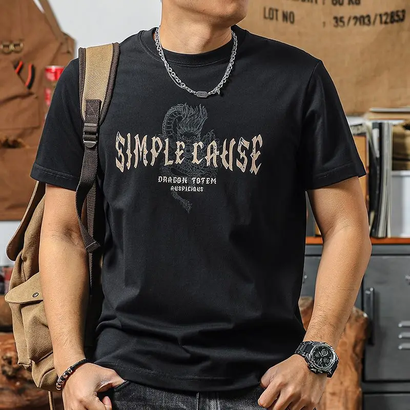 

Clothes Men's Short Sleeve Trend American Retro Casual Heavy Cotton T-Shirt Men's Crew Neck Printed Half Sleeve Dragon