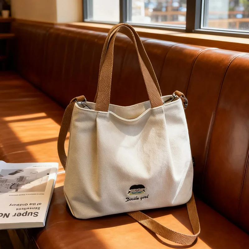 

Корейская модная сумка через плечо, женская удобная и универсальная сумка через плечо, парусиновая сумка-ведро с вышивкой, простая повседневная толстая сумка