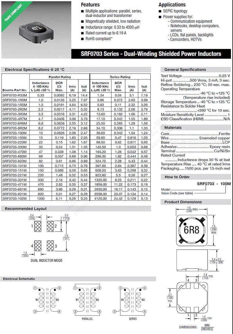 Inductor de potencia acoplado de escudo de 5 piezas, 7x7mm, modo SMD de doble bobinado, inductancia 1uh 1.5uh 4.7uh 10uh 150uh 47uh 68uh 1mH 2.2mH
