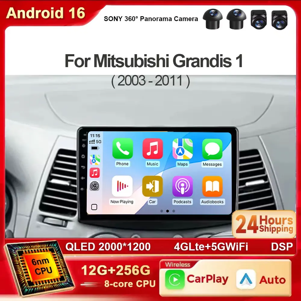 Android 16 Car Radio For Mitsubishi Grandis 1 2003 - 2011 Carplay Auto Navigation WIFI+4G BT Stereo Video Player 2 Din 360 Camer
