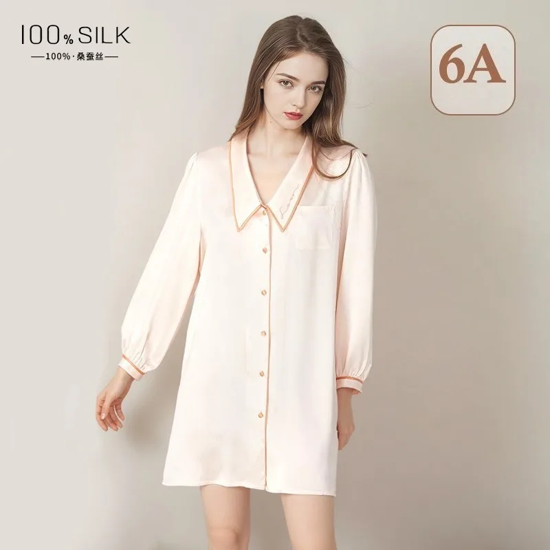

2025 Summer New Silk Nightgown Women's 100 Mulberry Silk Sexy Thin Doll Collar Solid Loungewear Shirt Skirt Minimalism XL Size